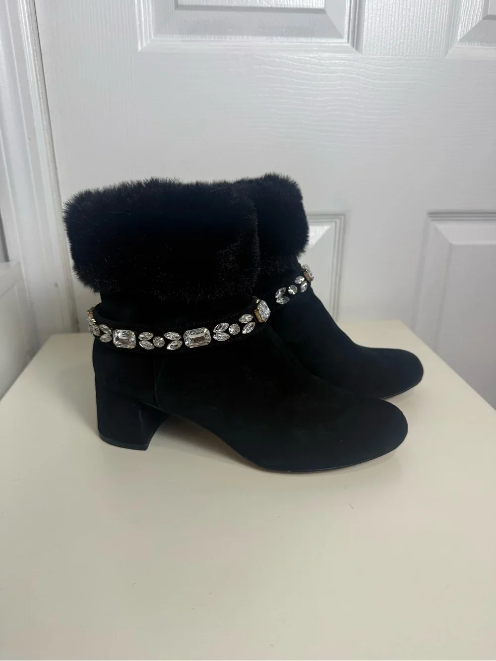 Adrienne Vittadini AV-Lazar Women’s Black Suede Faux Fur Rhinestone ankle boot/7